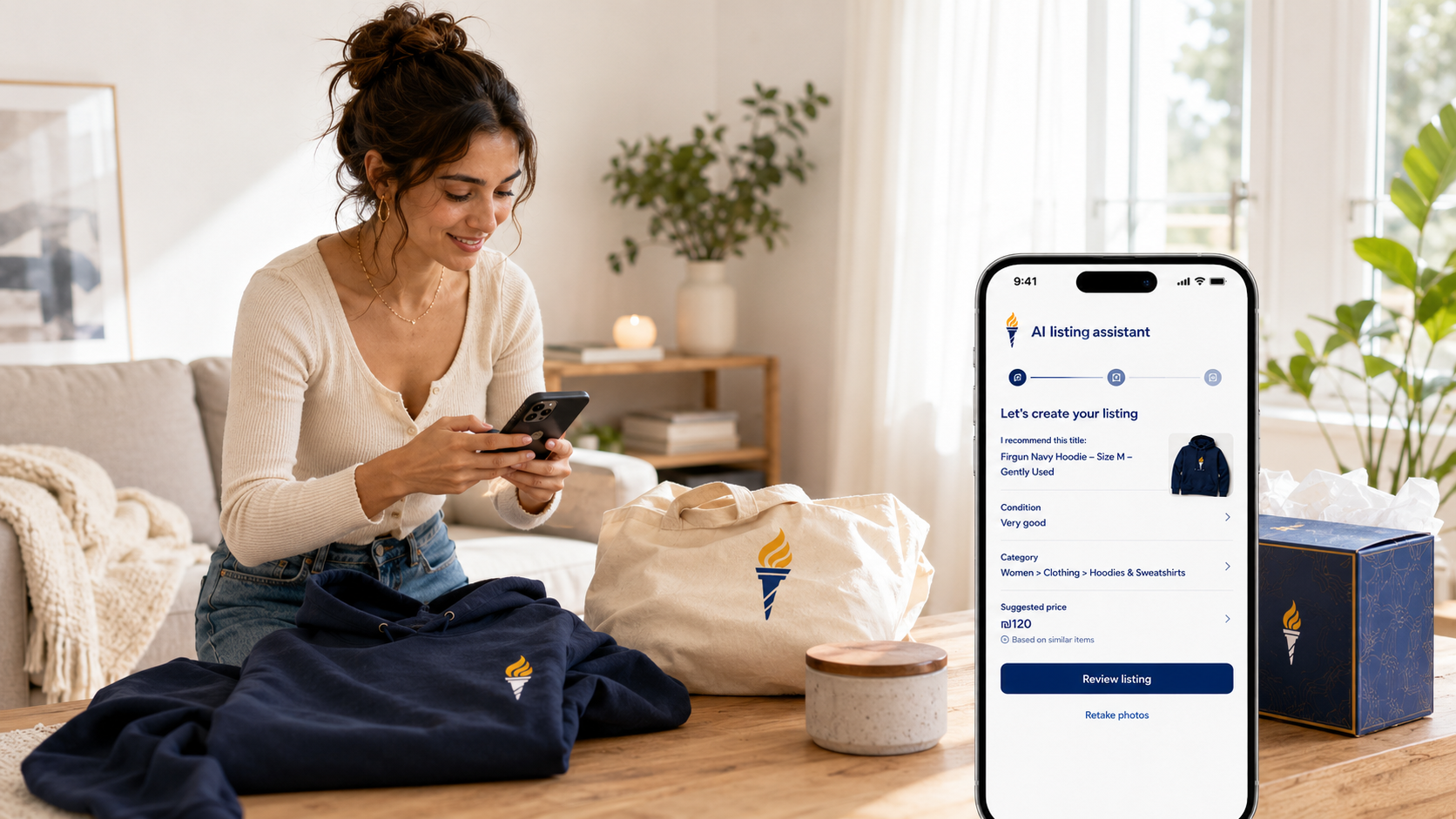 Firgun AI listing assistant shown beside a seller preparing a hoodie
