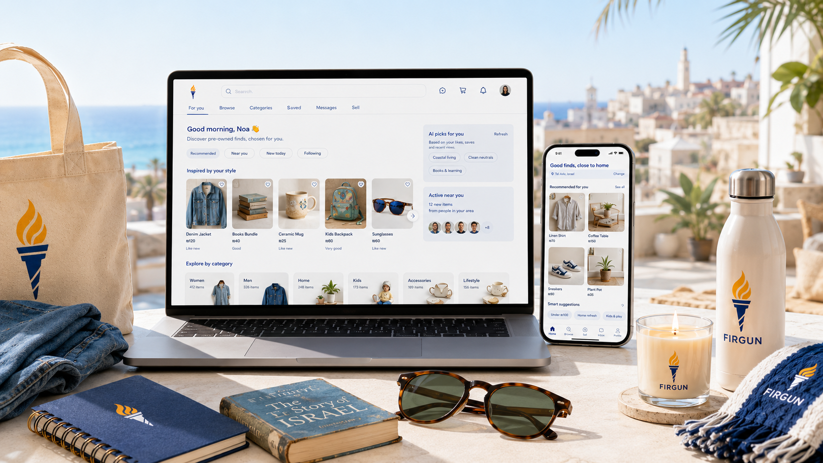 Firgun marketplace app shown with branded essentials