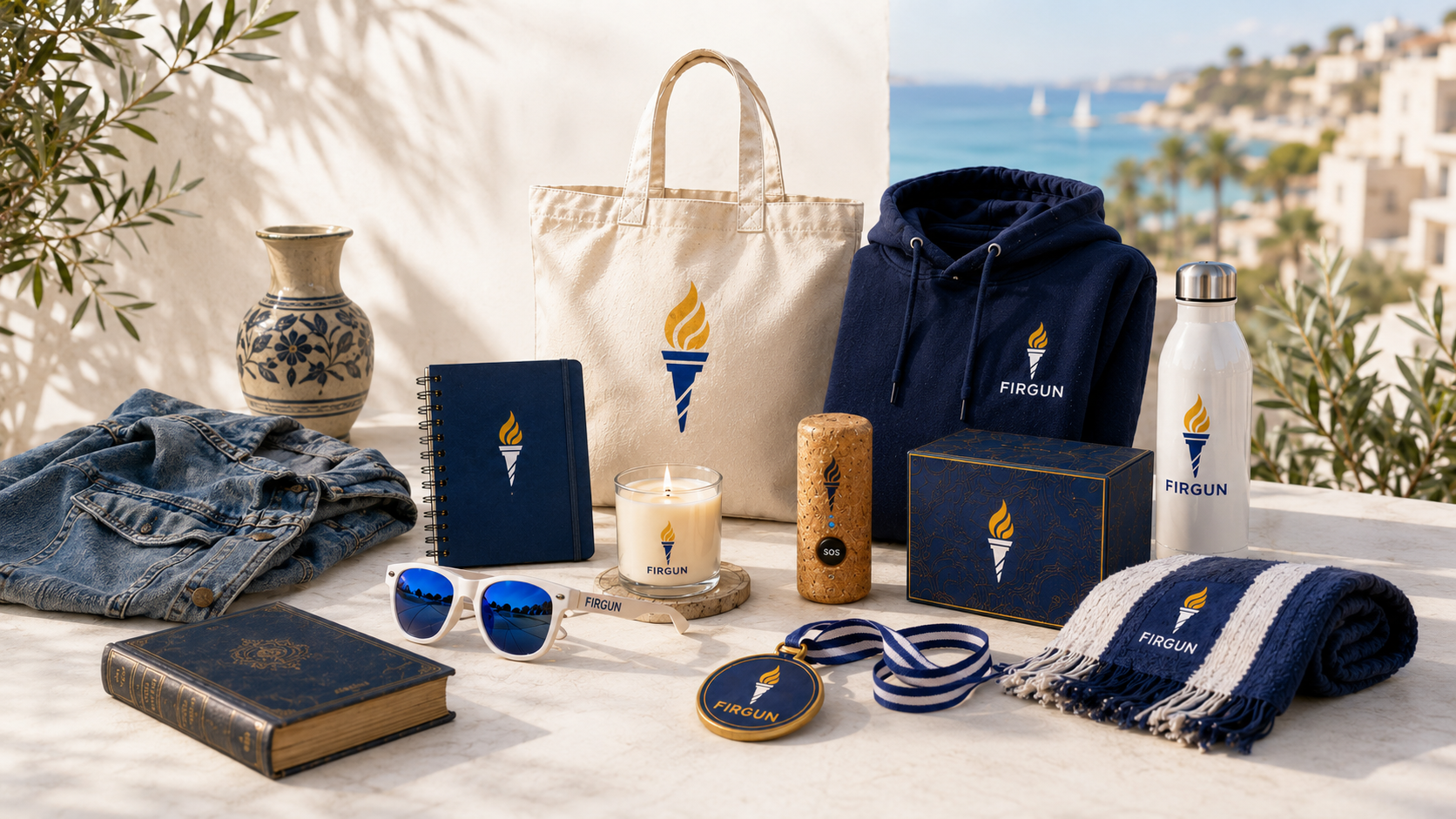 Firgun essentials including tote, hoodie, sunglasses, medal, tracker and candle