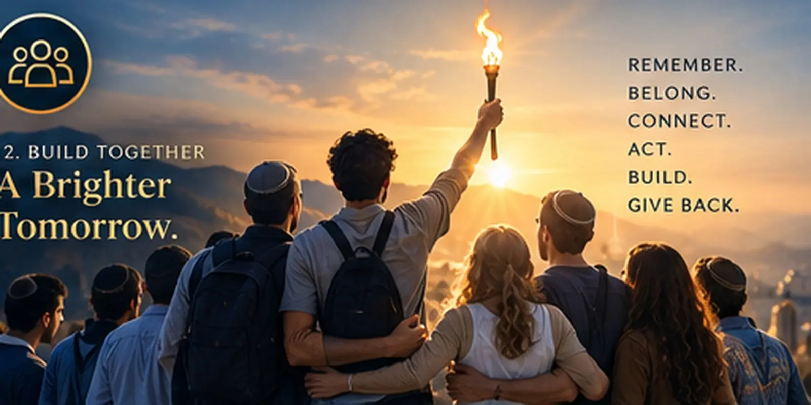 Jewish community members standing together at sunrise