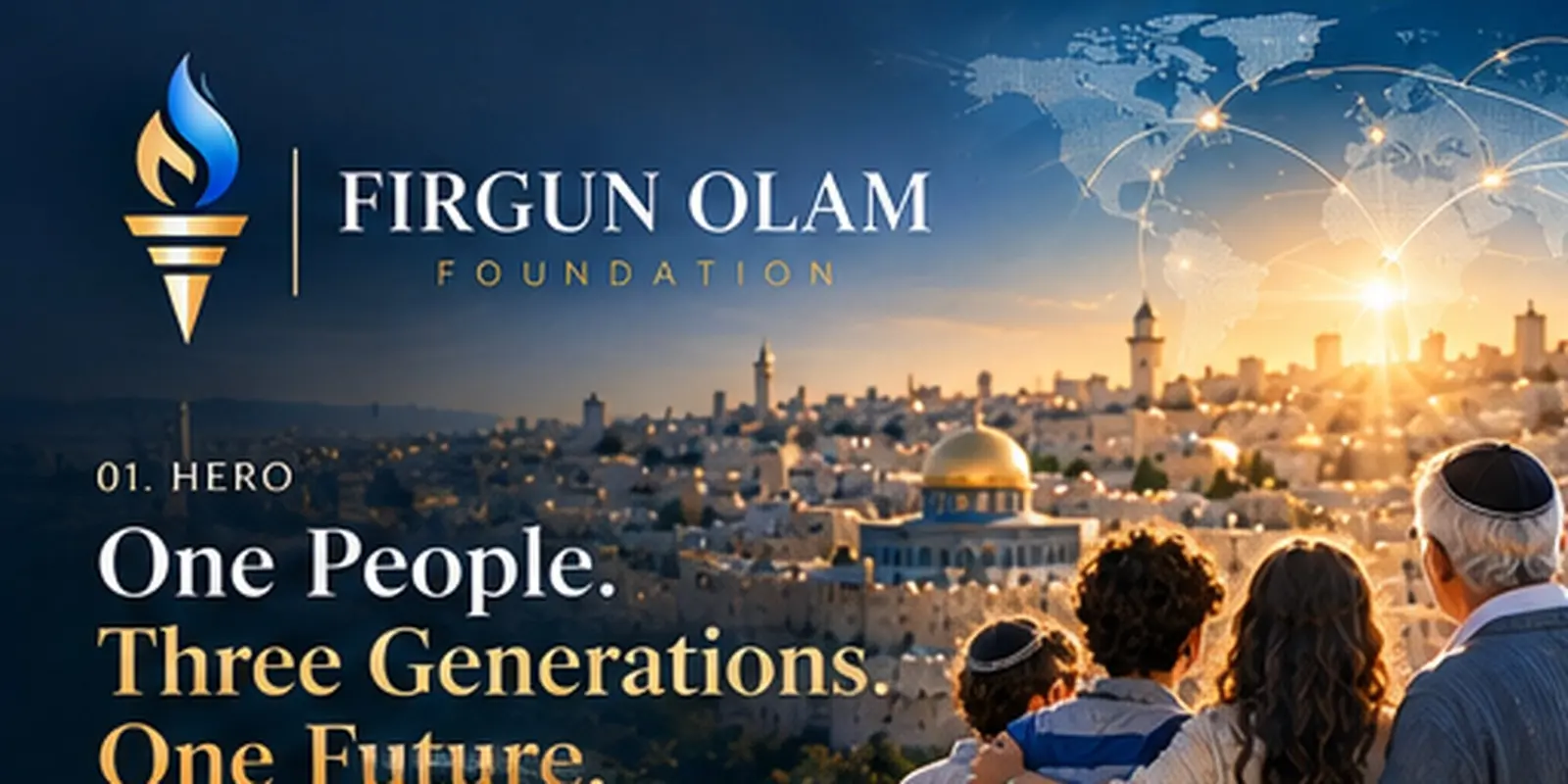 Jewish families across three generations looking toward Jerusalem at sunrise